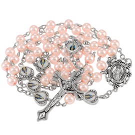 OEMOO Rosary Beads Catholic, Rosary Necklace with Leather Pouch with Magnetic Top Bag for Men and Women Christian Gifts (Pink)