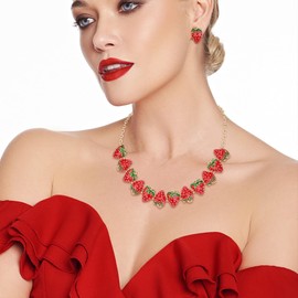 Ever Faith Strawberry Jewellery Set, Cute Fruit Red Strawberry Choker Collar Necklace Stud Earrings Bracelet Sets Costume Jewellery
