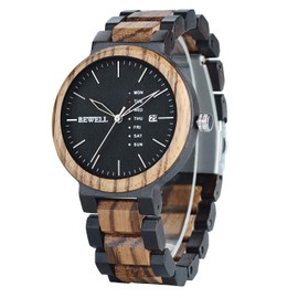 BEWELL Men's Wood Watch Quartz Zebrawood and Ebony Wooden Watches with All Wood Strap