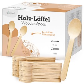 wisefood Disposable Birch Wood Spoons, 16 cm Flat, Biodegradable Disposable Cutlery, Wooden Cutlery, Disposable Spoons, Wooden Spoons (Pack of 100)