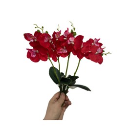 4 Bunches Tropical Artificial Flower 11" Mini Butterfly Orchid with 3 Silk Flower Heads and Phalaenopsis Orchids Leaves Faux Leaf for Wedding Home Decor Flowers Garden Bonsai (Red)
