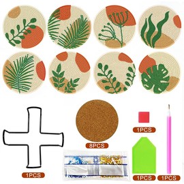 Kadichon 8PCS Abstract Plants Acrylic Diamond Art Painting Coasters Kit with Holder DIY Boho Leaf Diamond Drink Coasters for Adults Beginner Craft Supplies Home Decor
