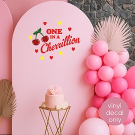 1st Birthday Decoration Girl One in a Cherrillion Vinyl Decal – Cherry Theme First Party Sticker – Removable Custom Name – Baby Daughter Sign for Photo Backdrop or Acrylic Decor – Red Hearts Stars ca4