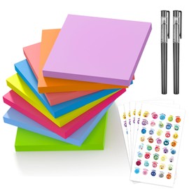 BUHEWOFY Sticky Notes, Eight Colors Powerful Sticky Notes, 3×3inches, 480 pcs, with 200 Sheets of Emoji Stickers, Two Black Gel Ink pens. Suitable for Study, Office, Home, Meeting and Other Scenes.