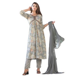 G4Girl Aliya-Cut Kurti Pant With Dupatta For Women's (Grey), Grey, 3X-Large