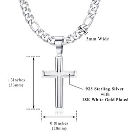 KRFY 925 Sterling Silver Cross Pendant Necklace For Men Stainless Steel Silver Cross Necklace Men Diamond-Cut Figaro Cross Chain Necklace For Women