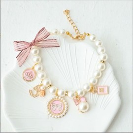 Pink Dog Pearl Collars Pet Pearl Necklace Dog Princess Bow Necklace Sweet Bow Cute Collar Puppy Neck Strap Basic Collars for Cat Adjustable Jewelry, Harnesses and Leashes