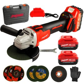 DOGTOOTH 21V Cordless Angle Grinder Kit with 10000 RPM Brushless Electric Motor, 4-1/2 Inch with 2x 4.0 AH Battery,Fast Charger, Easy Handle with 4pcs Cutting Disc and 1pcs Grinding Disc in Tool Bag