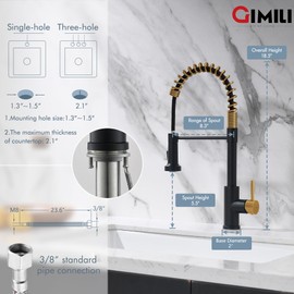GIMILI Black and Gold Kitchen Faucet with Pull Down Sprayer Single Hole Stainless Steel Sink Faucet, Suitable for Farmhouses, RV, Laundry Room, Outdoor, and Campers. Llave para fregadero de cocina