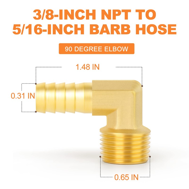 GASHER Brass Hose Barb Reducer 90 Degree Elbow 3/8" NPT