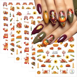 6 Sheets Fall Nail Stickers for Nail Art, Pumpkin Turkey Maple Leaves Autumn Design 3D Self Adhesive Thanksgiving Day Nail Decals Maple Leaf Nails Art Stickers for Women Manicure Decoration Kit