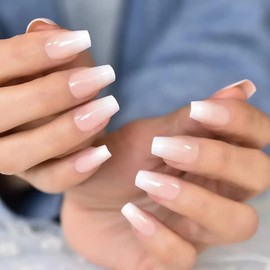 EDA LUXURY BEAUTY Natural Nude Pink Ombre White French Luxe Design Press On Nails Full Cover Acrylic Nail Kit Glue On False Nails Extra Long Ballerina Coffin Square Nail Art Tips Fake Nails Set