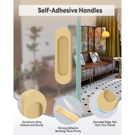 MeBantoo 2 Pack Self-Stick Door Handles, 4 Inch Aluminum Alloy Self Adhesive Flat Finger Pulls, No Drill Cabinet Knobs for Drawer, Sliding Glass/Barn/Closet/Balcony Doors (2, Champagne)