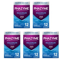 Phazyme Maximum Strength Gas & Bloating Relief, Works in Minutes, 12 Fast Gels, (Pack of 5)