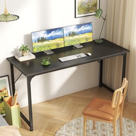 Huuger Computer Desk, 55 Inch Office Desk, Gaming Desk with Storage, Writing Desk Work Desk for Home Office, Study, Modern Simple Desk, Large Legroom, Metal Frame, Black