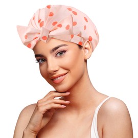 Geyrut Shower Cap, Flexible Adjustment Shower Caps for Women Reusable Waterproof Cute ShowerCap with Bow Non-Slip Large Hair Cap for Shower (One Size, Pink Dot)