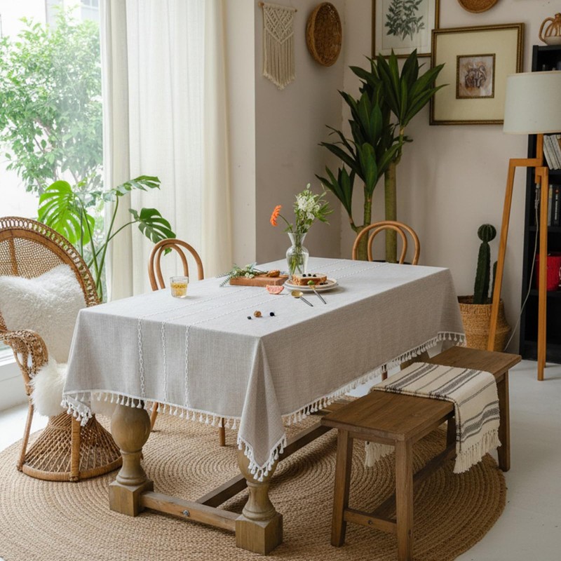 Linen Rectangle Table Cloth Neutral Textured Rustic Tablecloth, Wrinkle Free