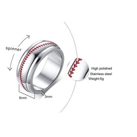 OAKKY Unisex Stainless Steel 8mm Simple Personality Baseball Pattern Rotatable Fidget Ring Domed Style Cool Wedding Band Sports Jewelry Silver Size 12