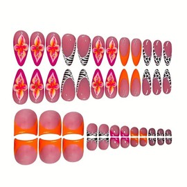 48Pcs Orange French Tip Press on Nails Leopard Print French Tip Press on Toenails Set, Medium Almond False Nails with Pink Flower Design Full Cover Reusable Nude Fake Acrylic Nails for Women Manicure