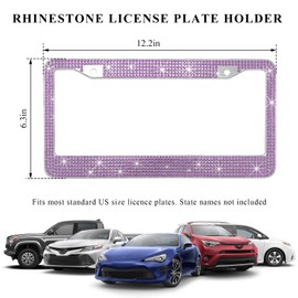 NYTKL Bling Car License Plate Frame, Handcrafted Crystal Car Tag Frame with Sparkly Screw Caps, Shiny Rhinestone Stainless Steel Licence Plate Holder Decor for Women Girls (Purple)