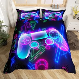 Gamer Bedding Set Games Video Game Bedding Single Size Gamepad Hexagon Game Icon Duvet Cover Set for Kids Children Boy Girls Soft Microfiber Room Decor Boys