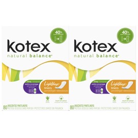 Kotex Natural Balance Lightdays Liners, Unscented, Extra Coverage, 80 Count, Pack of 2.