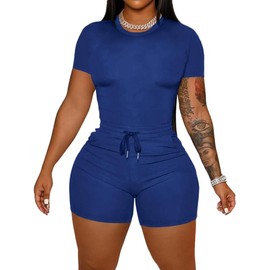 HBQ Women 2 Piece Outfits Summer Sweatsuits Track Suits Crop Tops Biker Short Workout Jogger Sets Blue XL