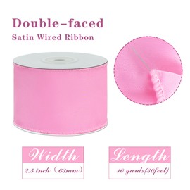 RIBBOOO Pink Wired Ribbon 2.5 inch inch x 10 Yards Double-Faced Satin Wired Edge Ribbon for Bows Flowers Gift Wrapping Wreaths Baby Shower DecorWedding DIY Crafts Continous