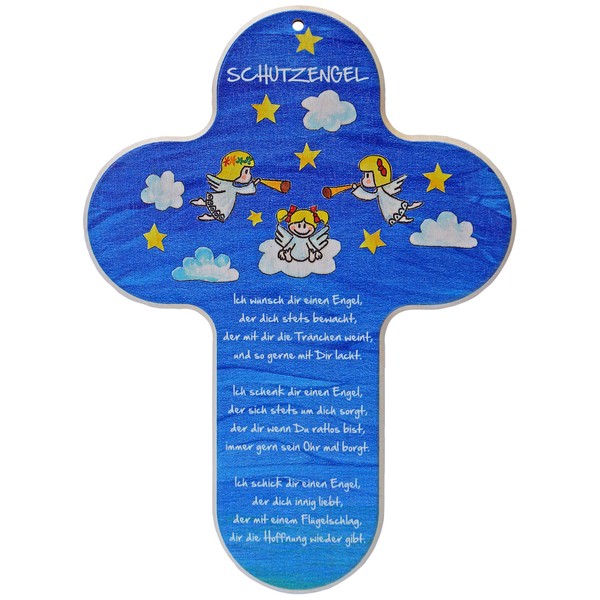 Kaltner Präsente Children's Cross for your Child's Bedroom with Guardian Angel / Natural Beech Wood / Colour Printed with Wording in German Language (Height 20 CM)