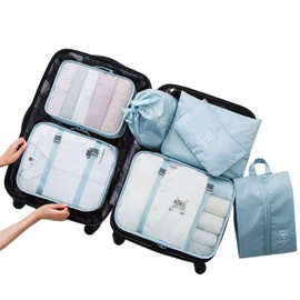 7 Set Packing Cubes Travel Luggage Packing Organizers Travel Accessories for Man & Women with Laundry Bag, Compression Storage Shoe Bag, Clothing Underwear Bag,Gray Blue