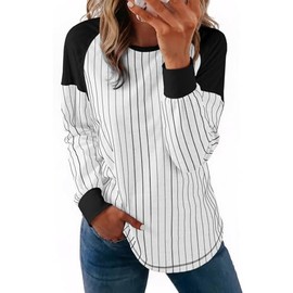 Acelitt Women's Casual 2025 Winter Fashion Loose Crewn Neck Long Sleeve Comfy Pullover Striped Tshirt Tops White Large