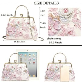 Abuyall Small Top Handle Evening Handbag Vintage Kiss Lock Lace Purses And Handbags For Women 3D Flower Purse 3D-flower-white