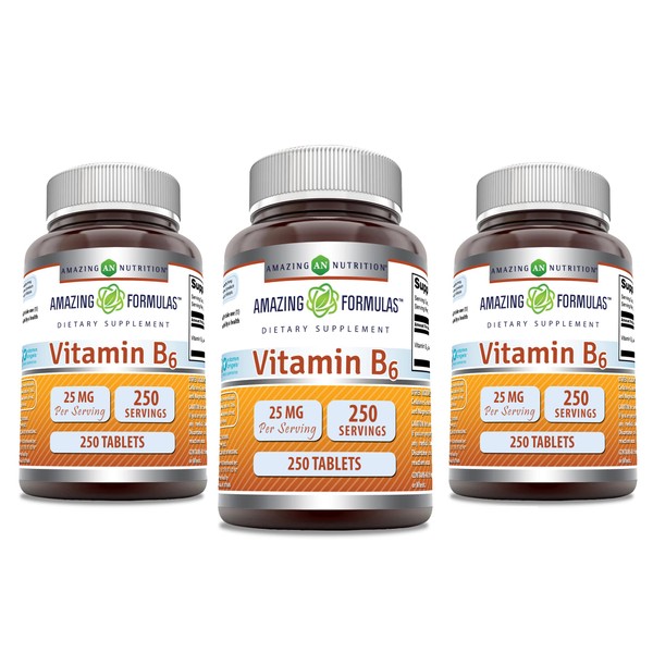 Amazing Formulas Vitamin B6 Pyridoxine 25mg 250 Tablets Supplement | Non-GMO | Gluten Free | Made in USA (3 Pack)
