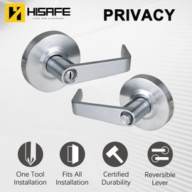 HISAFE Heavy Duty Grade 2 Privacy Door Lever, Satin Chrome Finished Keyless Commercial Door Handle, UL 3 Hour Fire Rated Ergonomic Lever for Interior Bath/Bedroom, 70mm Latch