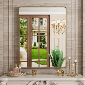 JISOSO Brushed Bronze Bathroom Mirror, 28 x 36 Inch Modern Wall Mounted Vanity Mirror for Bathroom, Rectangular Metal Framed Farmhouse Mirror, Rounded Corner,Tempered Glass