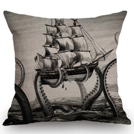 Swono Sail Boat Waves and Octopus Cotton Burlap Linen Throw Pillow Case Cushion Cover Sofa Outdoor Decorative Square 18X18 Inches