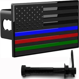 LFPartS USA Flag Emblem Metal Trailer Hitch Cover (Fits 2" Receivers, Black Flag with Thin Blue, Green and Red Lines