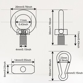 Adiwo Awning Rail Stoppers, 6 PCS Stainless Steel Awning Piping Stopper 6 mm with 6 Carabiners, Multi-Function Awning Rails Hooks Lifting Eye Nut Ring M4 Blocking Kit for Caravan Campervan Motorhome
