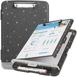 Glitter Clipboard with Storage, A4 Binder Clip Boards 8.5x11 with Pen Holder, Storage Clipboard with Low Profile Clip, Side Opening Sparkle Clipboards, Clipboard Folder for Office Supplies (Black)