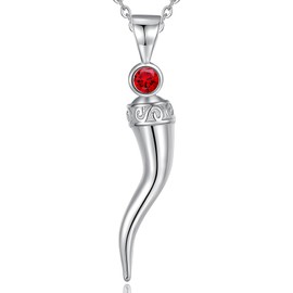 Italian Horn Necklace for Women - 925 Sterling Silver Italian Horn Charm Cornicello Necklace With Red Cubic Zirconia, Good Luck Amulet Necklace - 18'' + 2'' Extender Chain Included, one size, Sterling