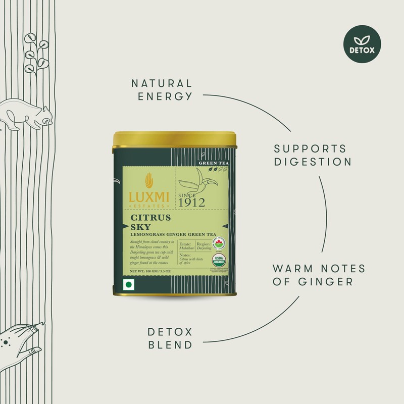 Luxmi Estates Citrus Sky Green Tea 100gm Tin | Certified