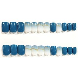 Ocean Waves Ombre Glossy Extra Short Square Press On Nails - 24 Pieces - Artificial Nail Kit