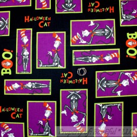 Robert Kaufman Fabrics BonEful Fabric FQ Cotton Quilt Black Purple B&W Skeleton Dr Seuss Cat in the Hat