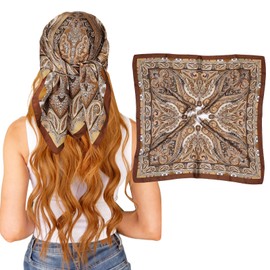 GENZYRE 27.5" Silk Head Scarf for Women, Square Hair Scarf Bandanas for Women, Textured Satin Silk Scarfs Fashion Accessories Hair Wrap, Festival Outfits Brown