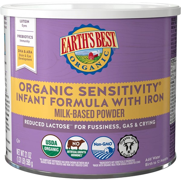 Earth's Best Organic Sensitive Baby Formula for Babies 0-12 Months, Reduced Lactose Powdered Infant Formula with Iron, Omega-3 DHA, and Omega-6 ARA, 21 oz Formula Container