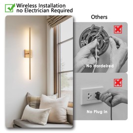 GWONER Battery Operated LED Wall Sconces Set of 2, 25" Wireless Rechargeable Gold Wall Lights with Remote Control, 3 Color Stepless Dimming 360° Rotate Wall Decor Lamp for Living Room Hallway Bedroom