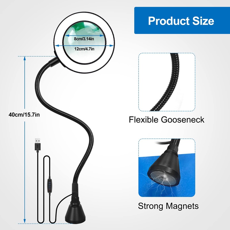 NEWACALOX Magnetic Magnifying Lamp, 3 Color Modes, 10X&5X Magnifying Glass,