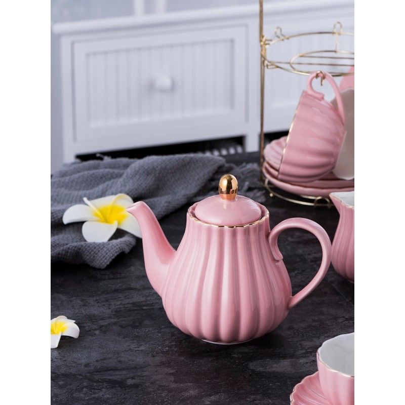 Jusalpha Pink Porcelain Teapot with Removable Stainless Steel Infuser, Blooming