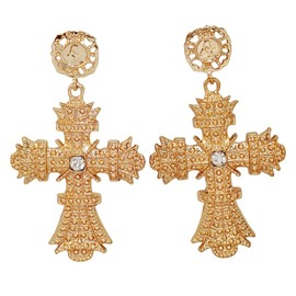 Stunning Statement Oversize Gold Metallic Flower Cross Earrings, Brass, crystal