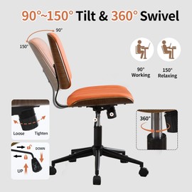 VipDesk Small Home Office Chair - Armless Mid Back Desk Chair with 360° Swivel and Wheels, PU Upholstered Height Adjustable Modern Walnut Computer Chair for Home, Office Meeting Room - Orange